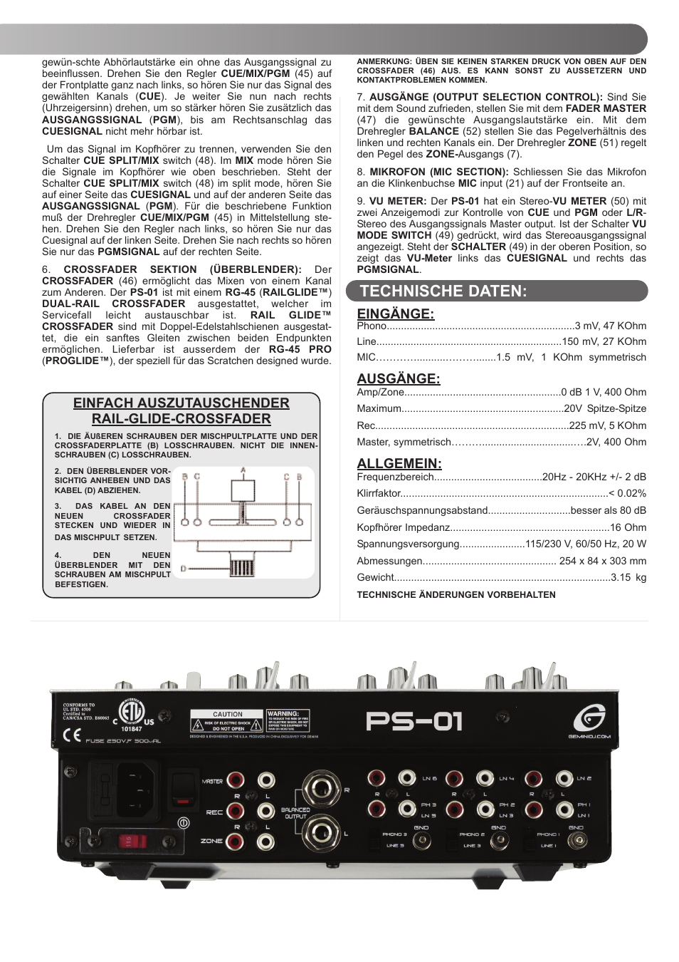 Technische daten | Gemini PS-01 User Manual | Page 7 / 12