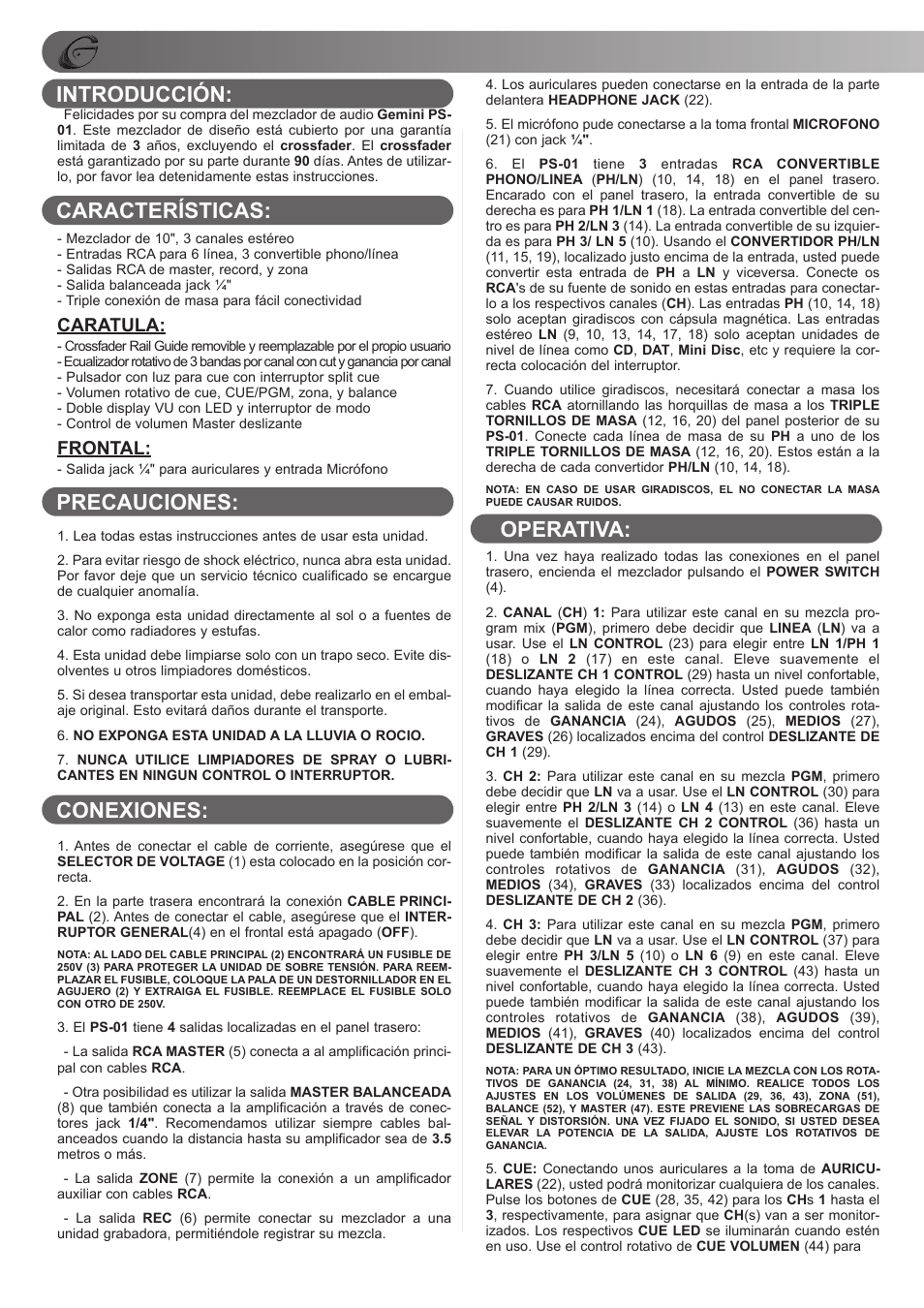 Caratula, Frontal | Gemini PS-01 User Manual | Page 8 / 12