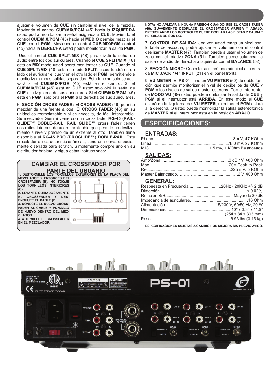 Especificaciones | Gemini PS-01 User Manual | Page 9 / 12
