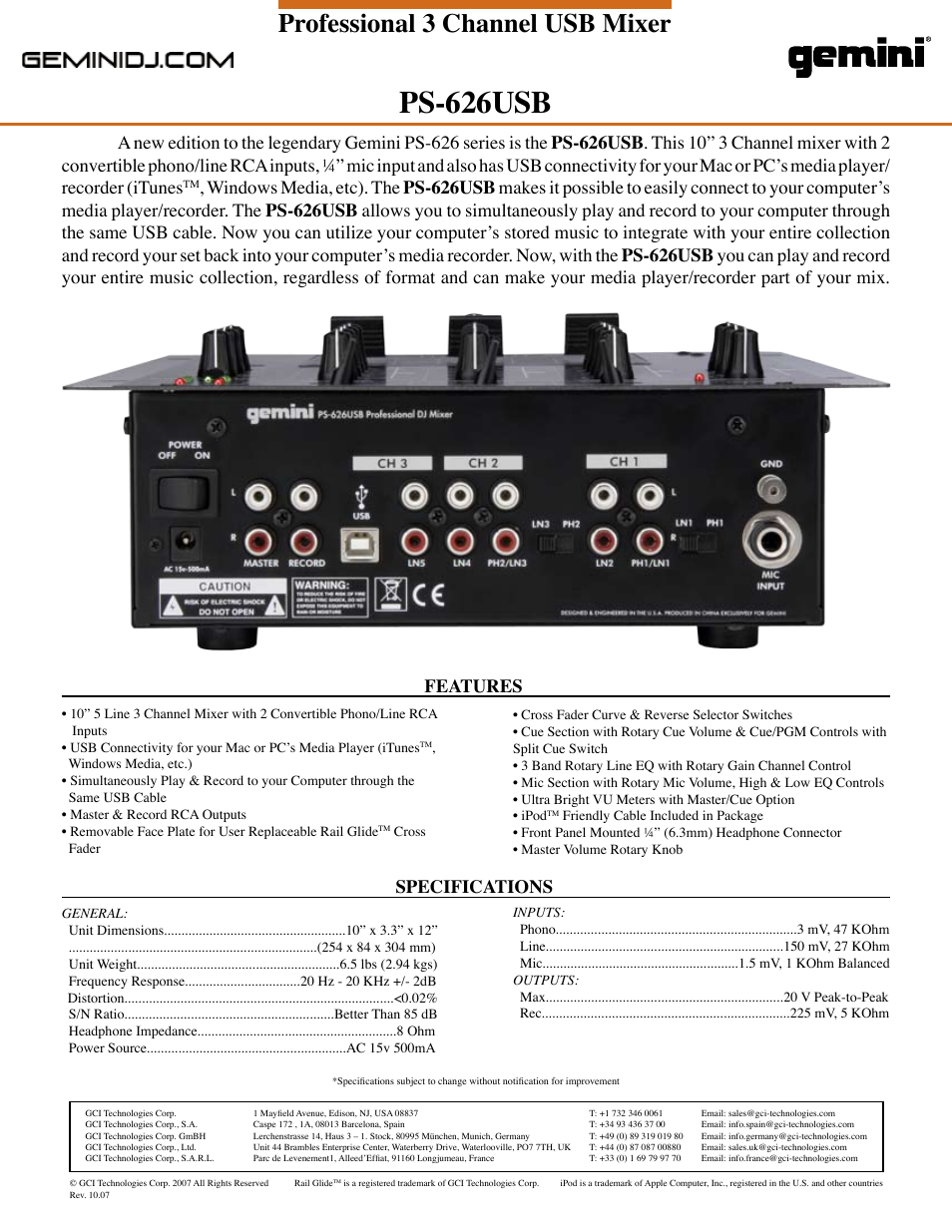 Ps-626usb, Professional 3 channel usb mixer, Features specifications | Gemini PS-626USB User Manual | Page 2 / 2