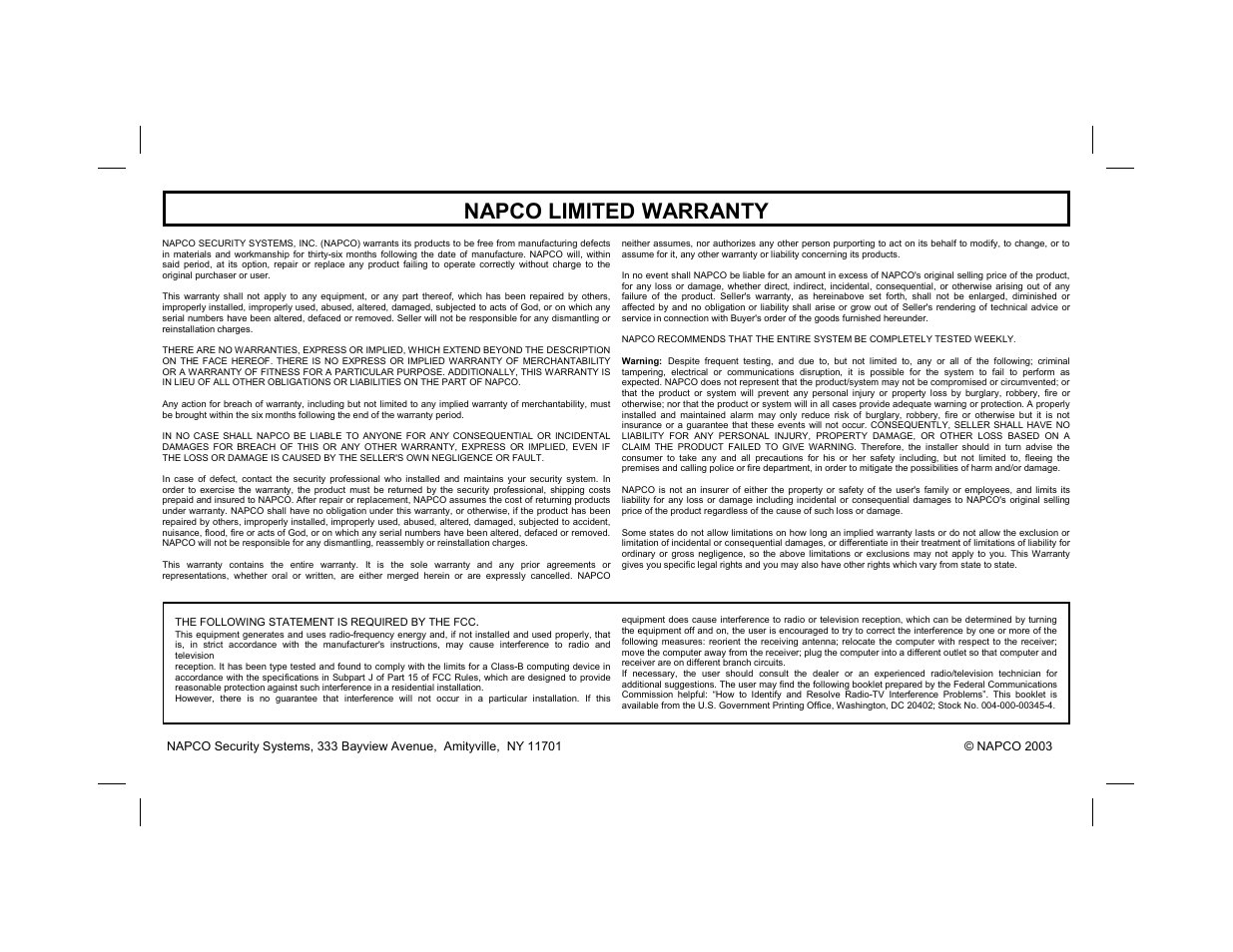 Napco limited warranty | Gemini GEM-RP8 User Manual | Page 16 / 16