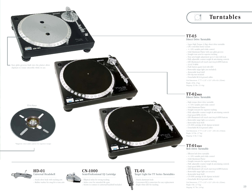 Tur ntables, Tl-01, Cn-1000 | Hd-01, Tt-03, Tt-01, Tt-02 | Gemini CDT-05 User Manual | Page 21 / 40