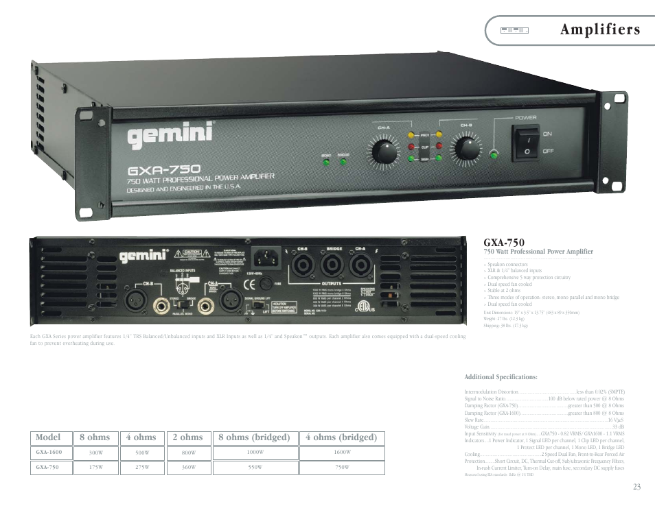Amplifiers, Gxa-750, Model 8 ohms 4 ohms 2 ohms | 8 ohms (bridged), 4 ohms (bridged) | Gemini CDT-05 User Manual | Page 25 / 40