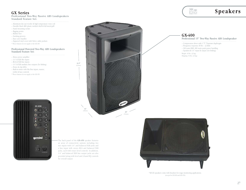 Speakers, Gx series, Gx-400 | Gemini CDT-05 User Manual | Page 29 / 40