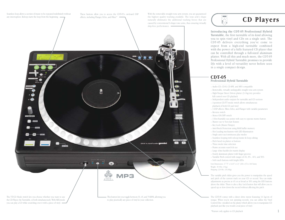 Cd players, Cdt-05 | Gemini CDT-05 User Manual | Page 3 / 40
