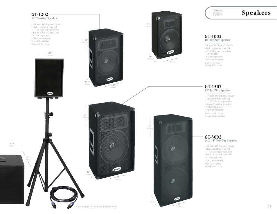 Speakers, Gt-1202, Gt-3002 | Gt-1002, Gt-1502 | Gemini CDT-05 User Manual | Page 33 / 40