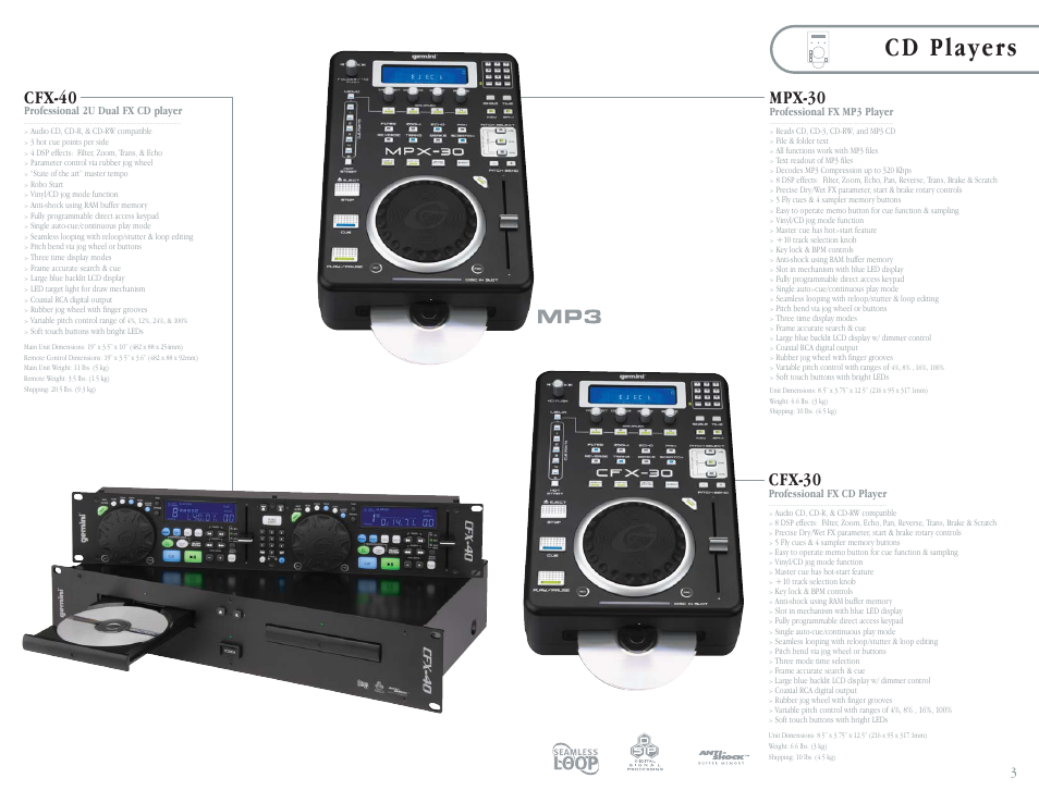 Cd players, Mpx-30, Cfx-30 | Cfx-40, Professional fx mp3 player, Professional fx cd player, Professional 2u dual fx cd player | Gemini CDT-05 User Manual | Page 5 / 40