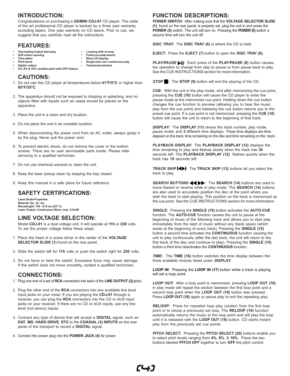 Introduction, Features, Cautions | Safety certifications, Line voltage selection, Connections, Function descriptions | Gemini CDJ-01 User Manual | Page 4 / 12