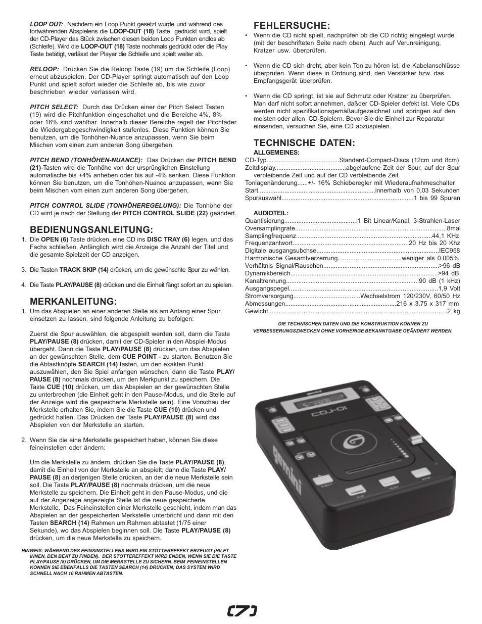 Fehlersuche, Technische daten, Bedienungsanleitung | Merkanleitung | Gemini CDJ-01 User Manual | Page 7 / 12