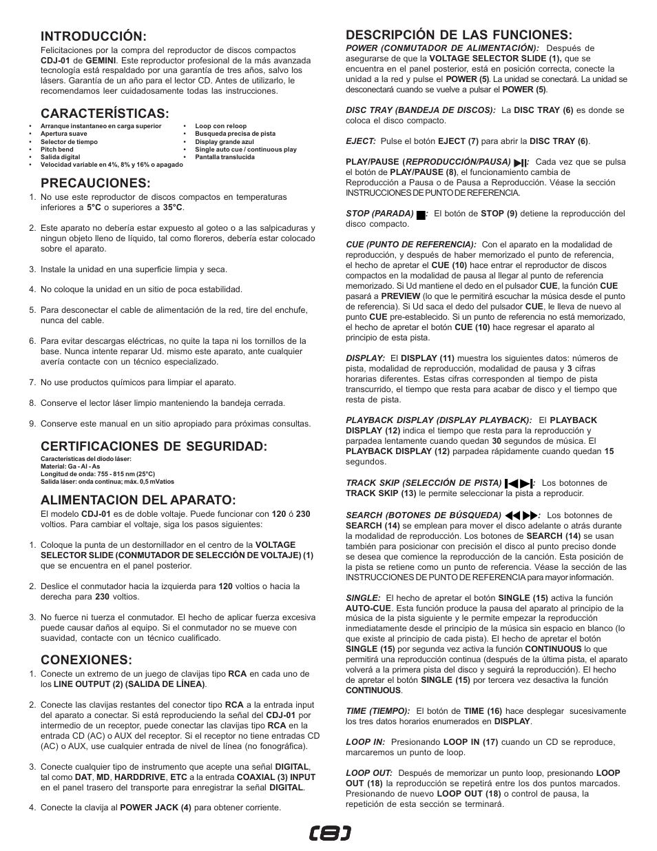 Introducción, Características, Precauciones | Certificaciones de seguridad, Alimentacion del aparato, Conexiones, Descripción de las funciones | Gemini CDJ-01 User Manual | Page 8 / 12