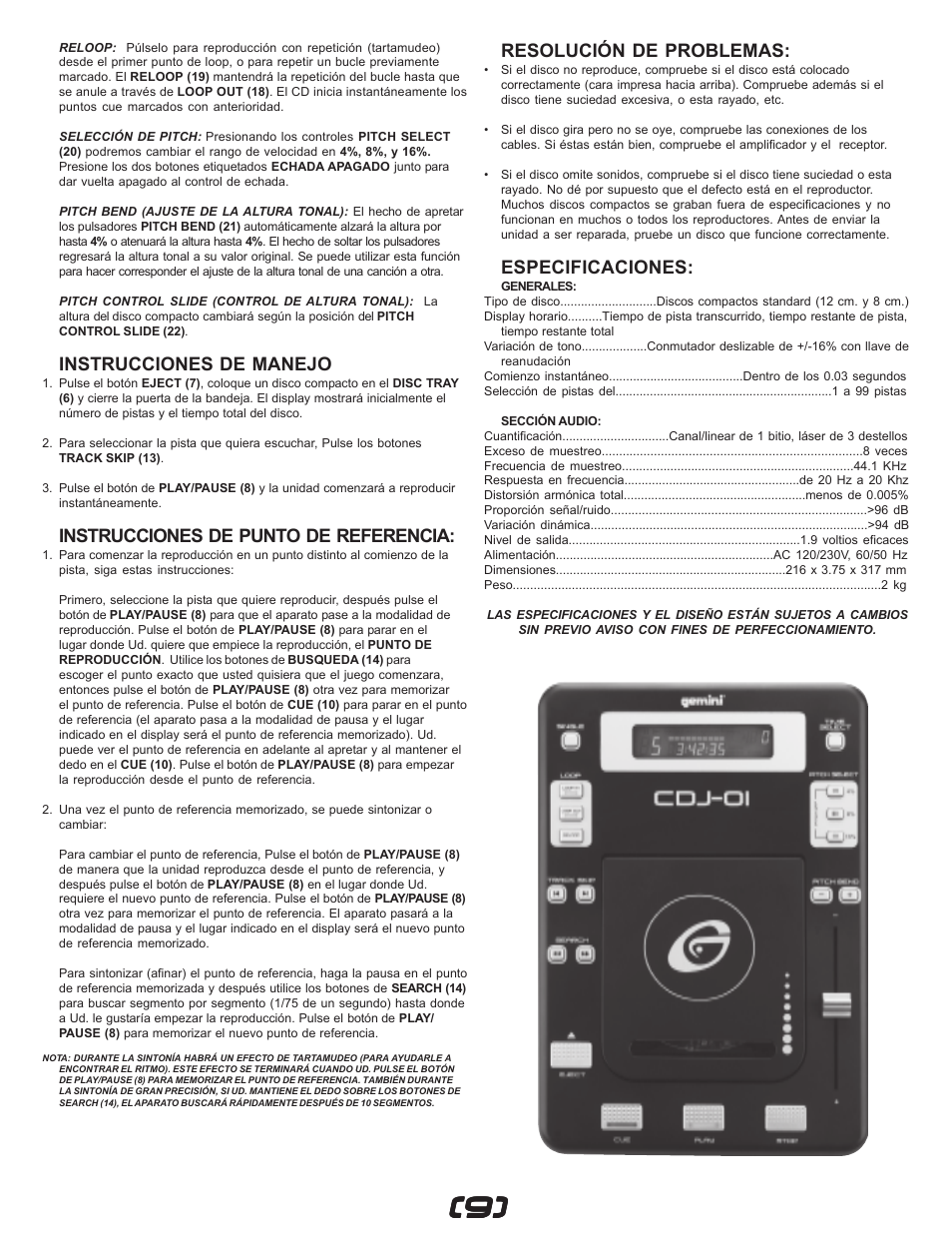 Instrucciones de manejo, Instrucciones de punto de referencia, Resolución de problemas | Especificaciones | Gemini CDJ-01 User Manual | Page 9 / 12