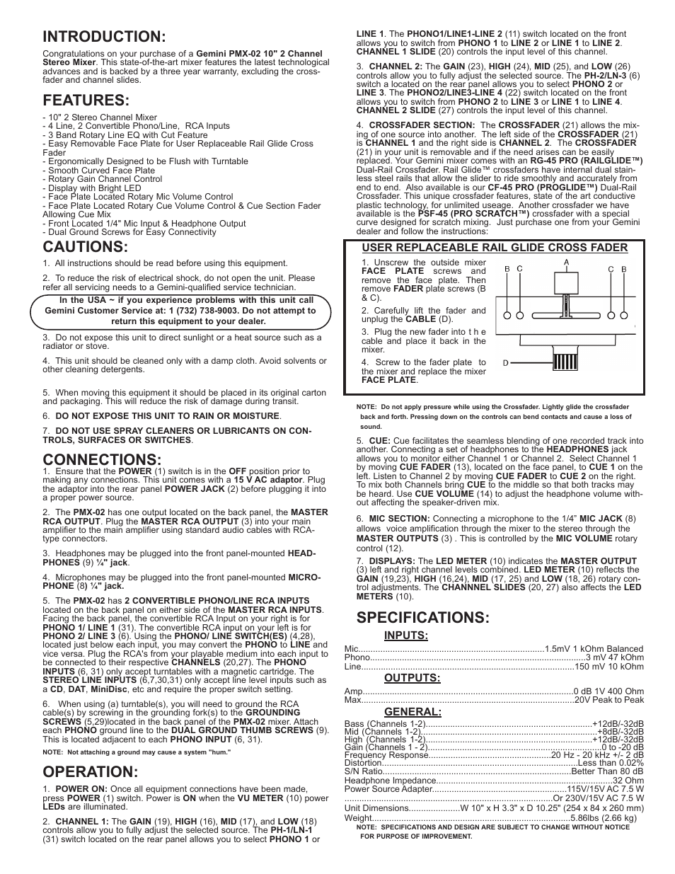 Introduction, Features, Cautions | Connections, Operation, Specifications | Gemini PMX-02 User Manual | Page 4 / 8