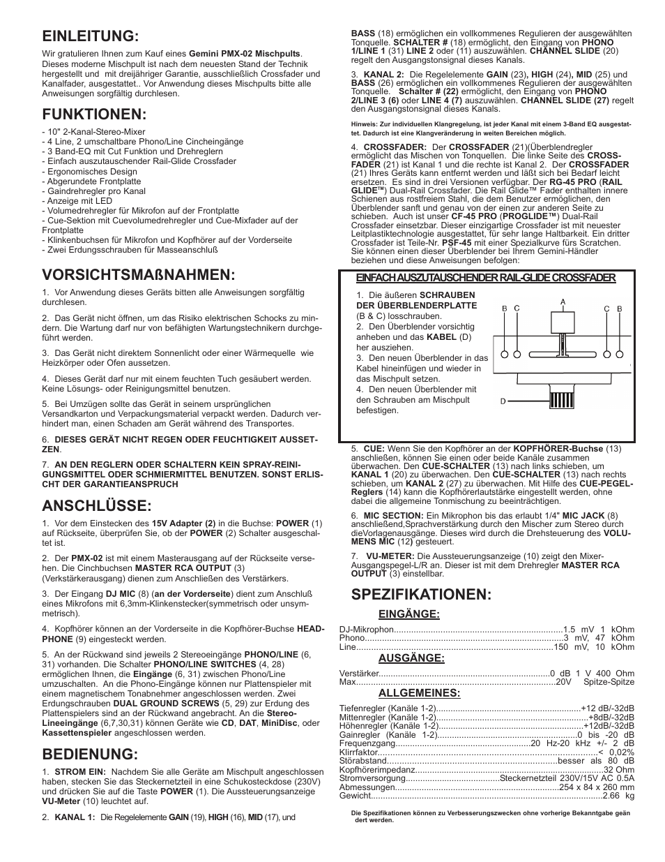 Einleitung, Funktionen, Vorsichtsmaßnahmen | Anschlüsse, Bedienung, Spezifikationen | Gemini PMX-02 User Manual | Page 5 / 8