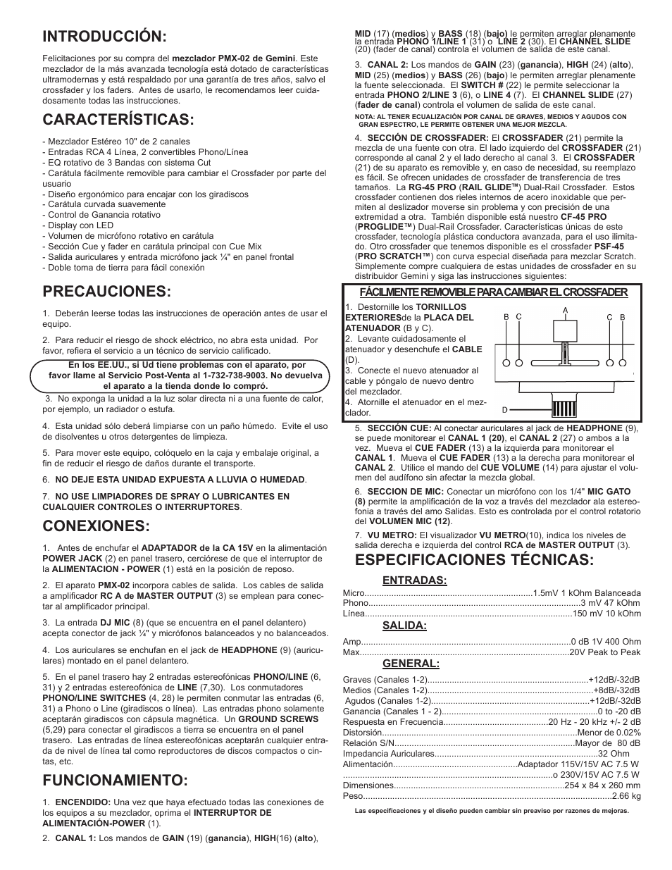 Introducción, Características, Precauciones | Conexiones, Funcionamiento, Especificaciones técnicas | Gemini PMX-02 User Manual | Page 6 / 8