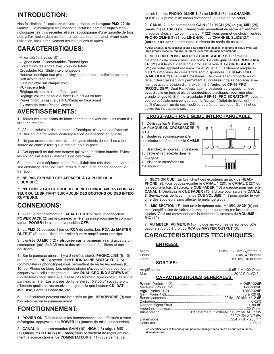 Caractéristiques techniques, Introduction, Caracteristiques | Avertissements, Connexions, Fonctionnement | Gemini PMX-02 User Manual | Page 7 / 8