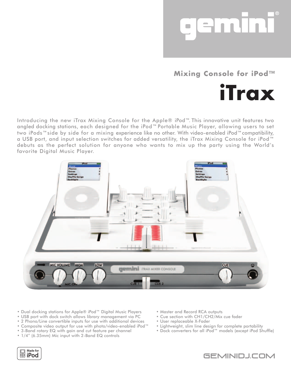Gemini Mixing Console for iPod iTrax User Manual | 2 pages