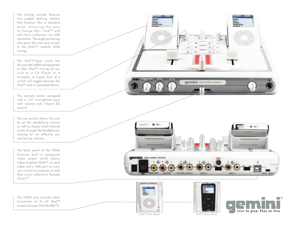 Gemini Mixing Console for iPod iTrax User Manual | Page 2 / 2