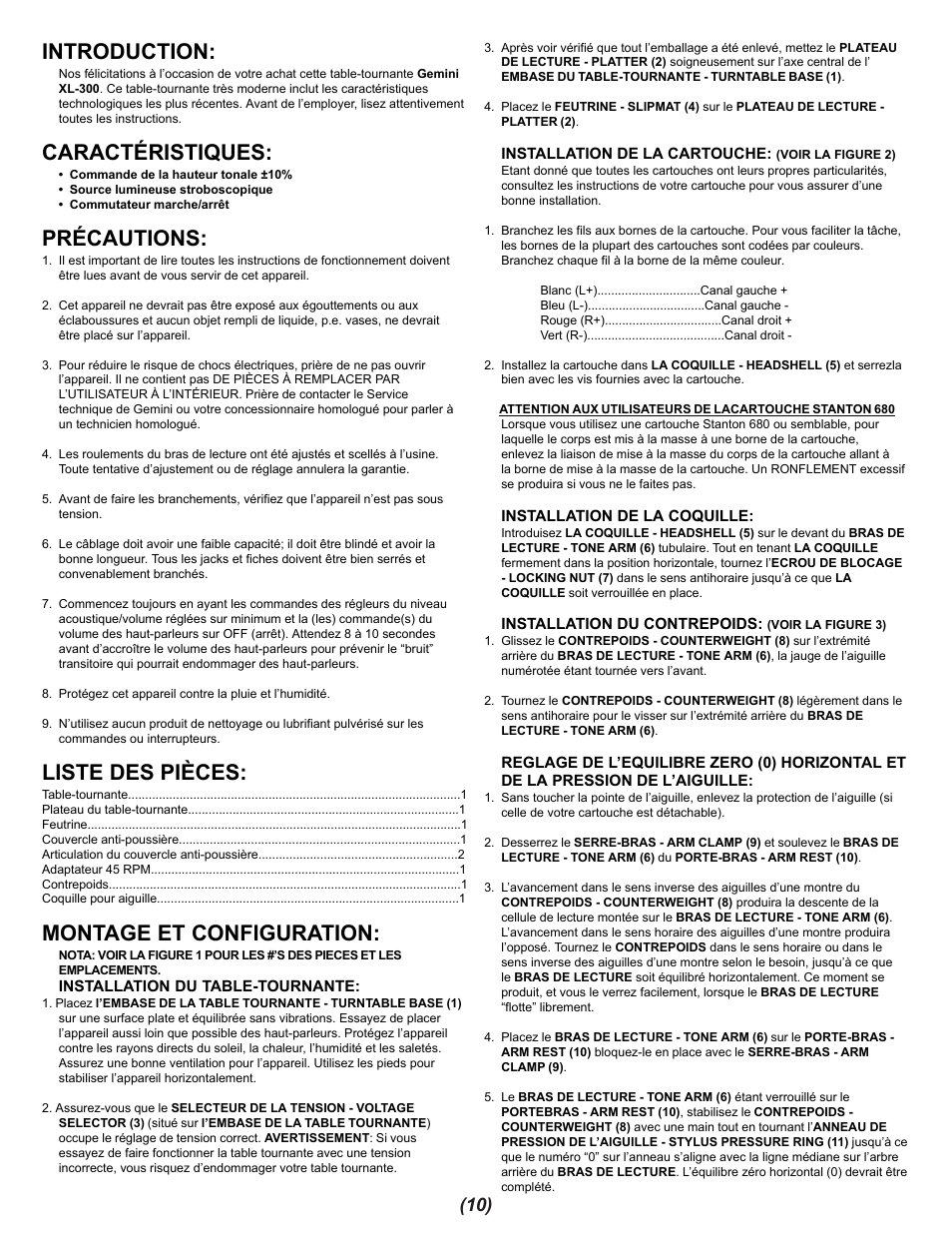 Introduction, Caractéristiques, Précautions | Liste des pièces, Montage et configuration | Gemini XL-300 User Manual | Page 10 / 12