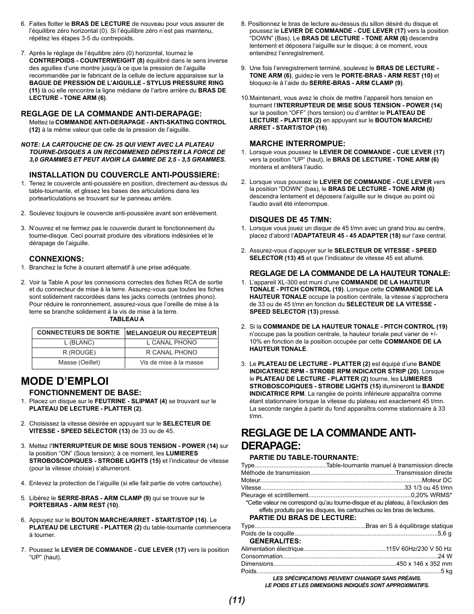 Mode d’emploi, Reglage de la commande anti- derapage | Gemini XL-300 User Manual | Page 11 / 12