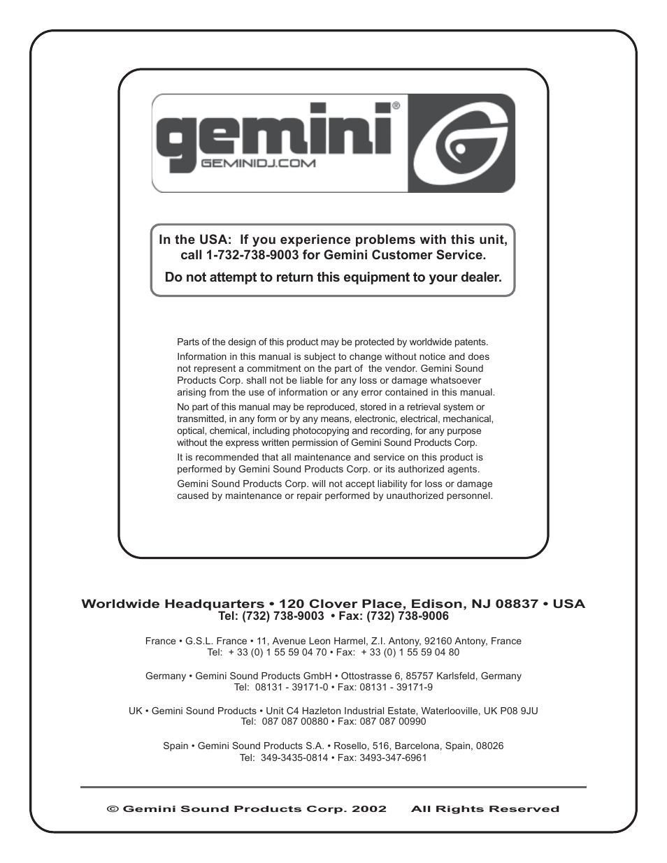 Gemini XL-300 User Manual | Page 12 / 12