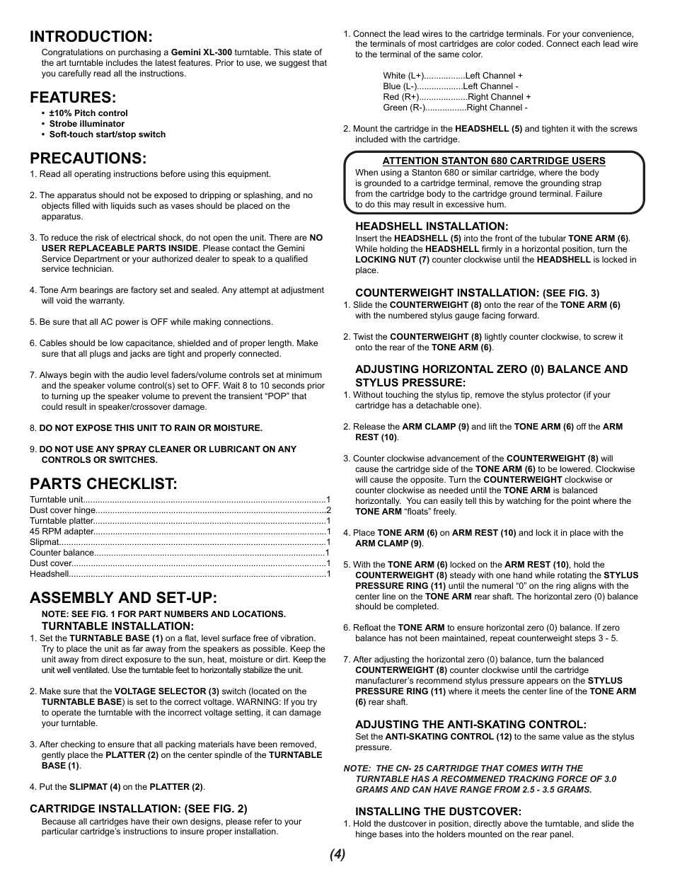 Introduction, Features, Precautions | Parts checklist, Assembly and set-up | Gemini XL-300 User Manual | Page 4 / 12