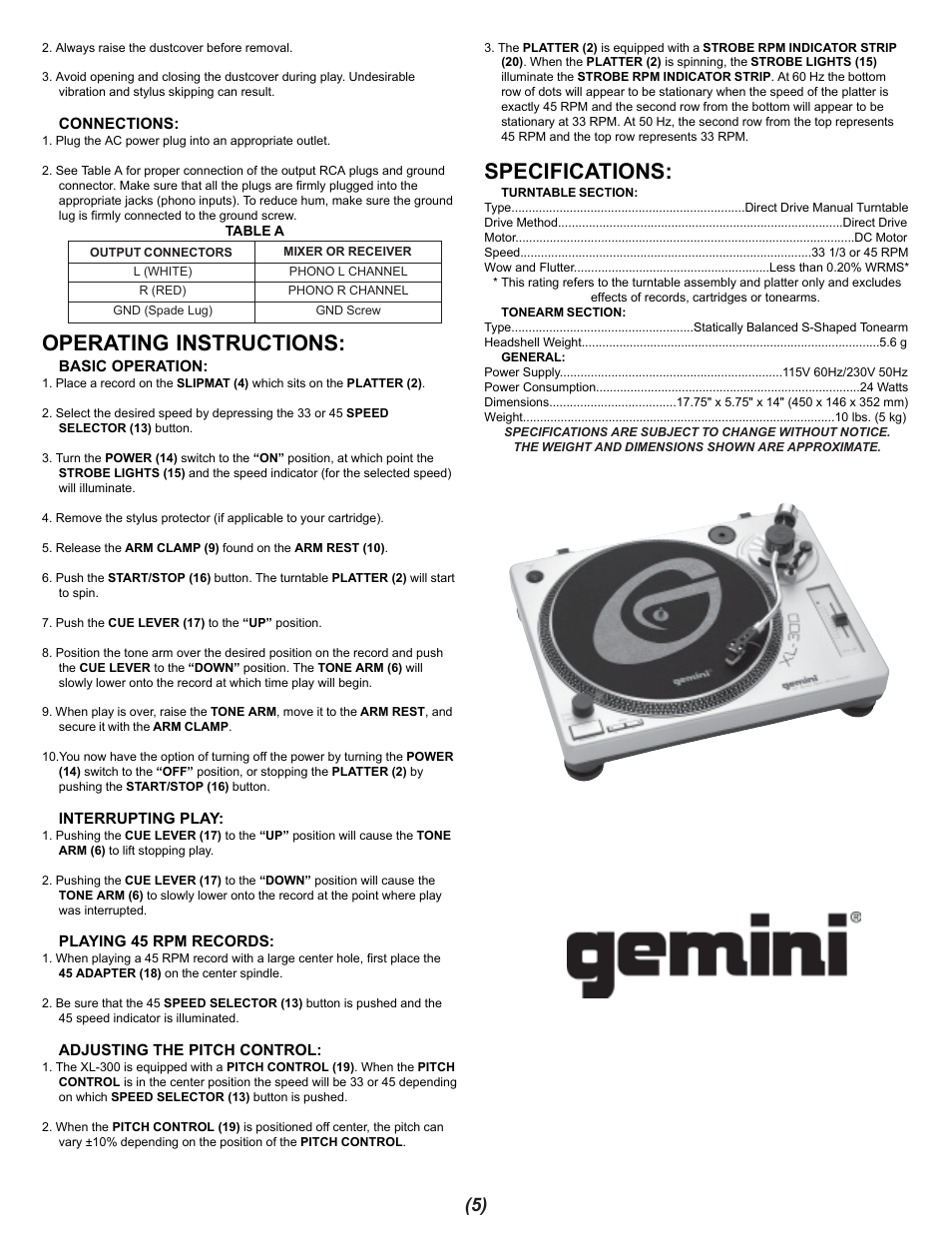 Operating instructions, Specifications | Gemini XL-300 User Manual | Page 5 / 12