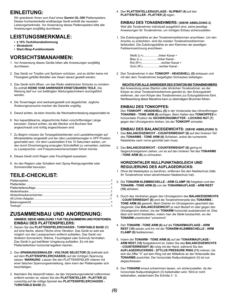 Einleitung, Leistungsmerkmale, Vorsichtsmanahmen | Teile-checklist, Zusammenbau und anordnung | Gemini XL-300 User Manual | Page 6 / 12