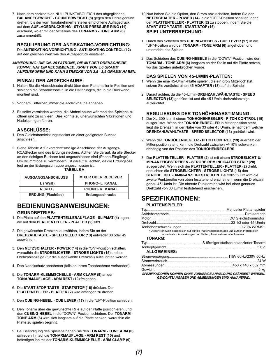 Bedienungsanweisungen, Spezifikationen | Gemini XL-300 User Manual | Page 7 / 12