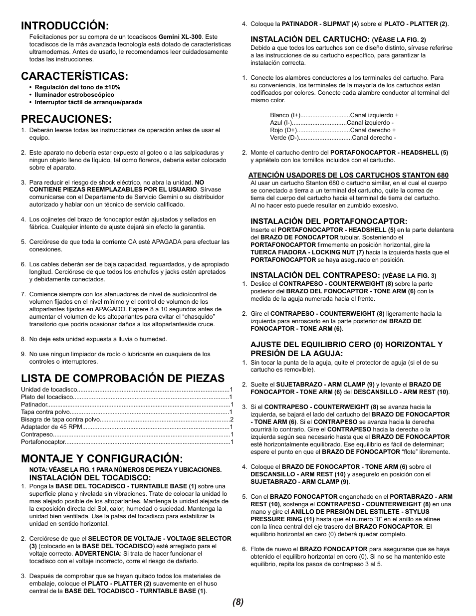 Introducción, Características, Precauciones | Lista de comprobación de piezas, Montaje y configuración | Gemini XL-300 User Manual | Page 8 / 12