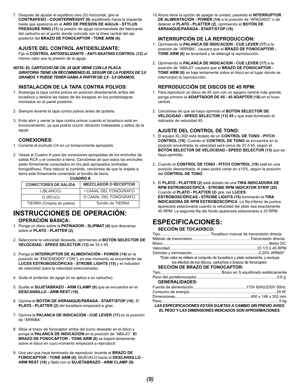 Instrucciones de operación, Especificaciones | Gemini XL-300 User Manual | Page 9 / 12