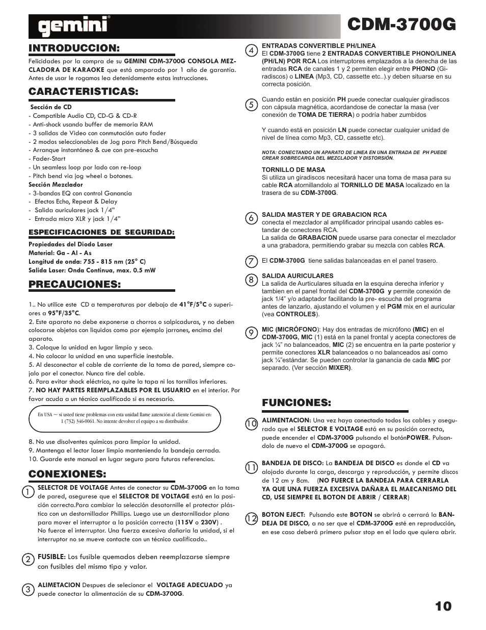 Cdm-3700g, Introduccion: caracteristicas, Conexiones: funciones: precauciones | Gemini CDM-3700G User Manual | Page 10 / 27