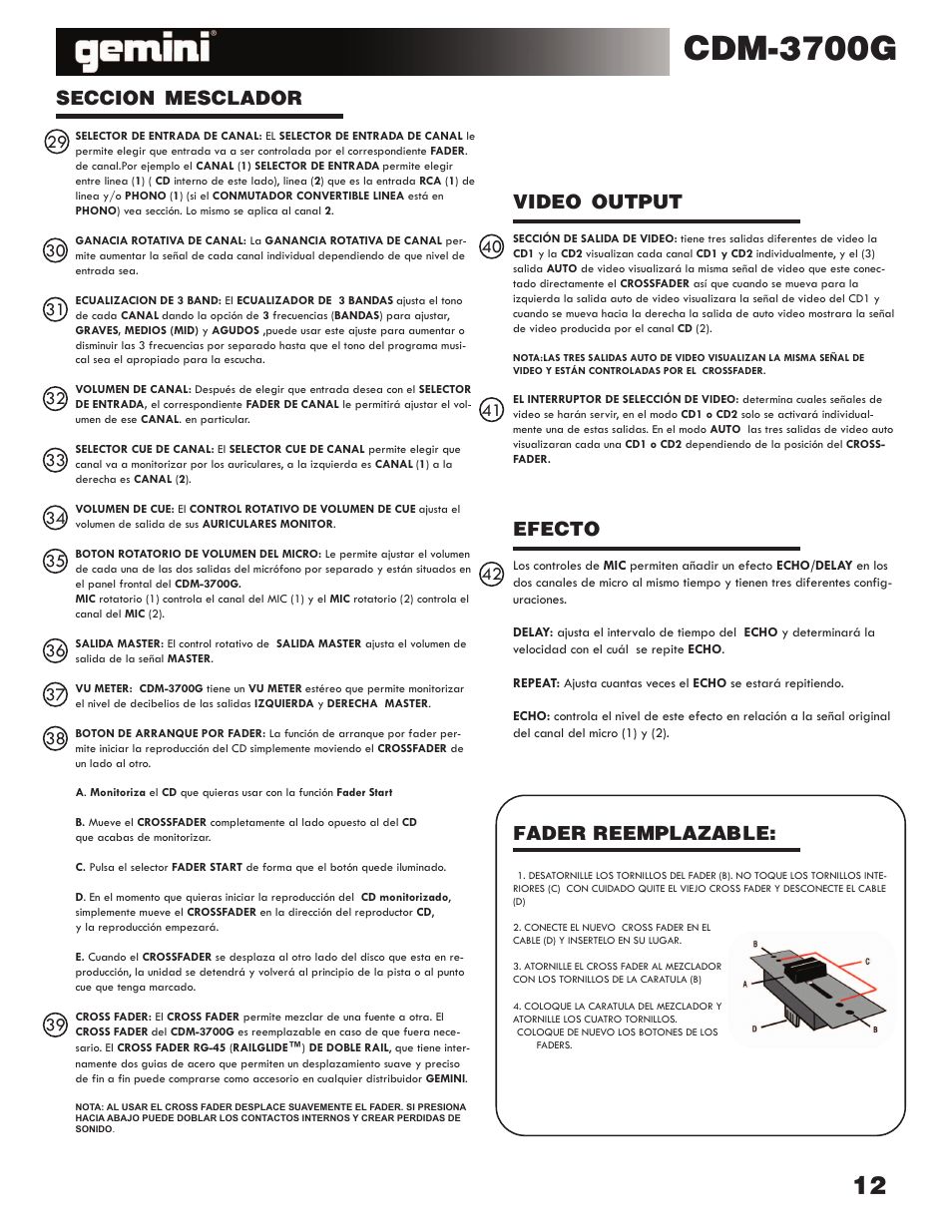 Cdm-3700g, Fader reemplazable: seccion mesclador efecto, Video output | Gemini CDM-3700G User Manual | Page 12 / 27