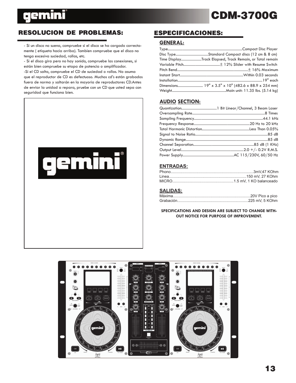 Cdm-3700g | Gemini CDM-3700G User Manual | Page 13 / 27