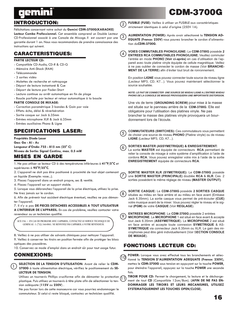 Cdm-3700g, Introduction, Fonctions lecteur cd | Gemini CDM-3700G User Manual | Page 16 / 27