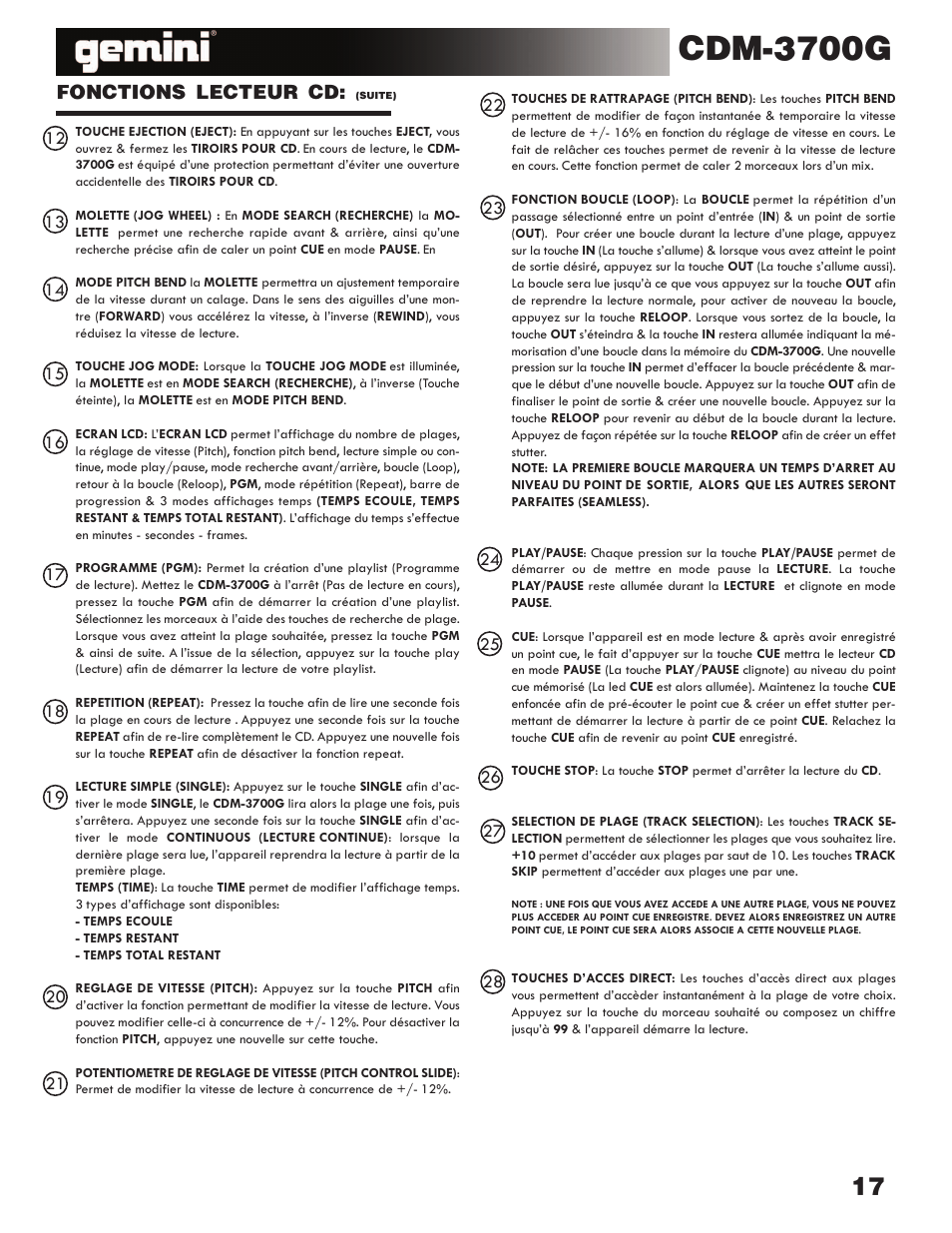 Cdm-3700g, Fonctions lecteur cd | Gemini CDM-3700G User Manual | Page 17 / 27
