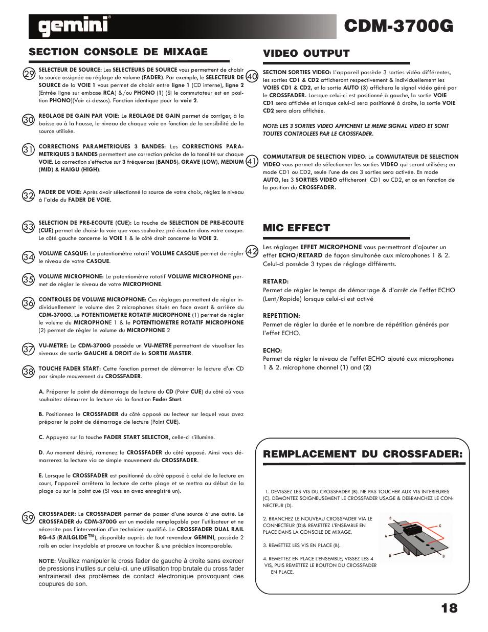 Cdm-3700g, Remplacement du crossfader, Mic effect | Video output | Gemini CDM-3700G User Manual | Page 18 / 27