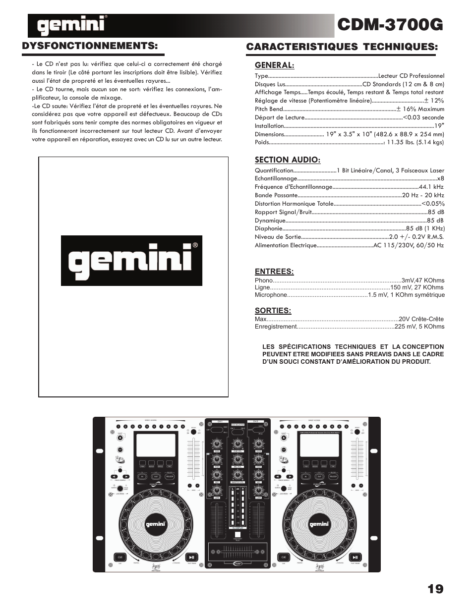 Cdm-3700g | Gemini CDM-3700G User Manual | Page 19 / 27