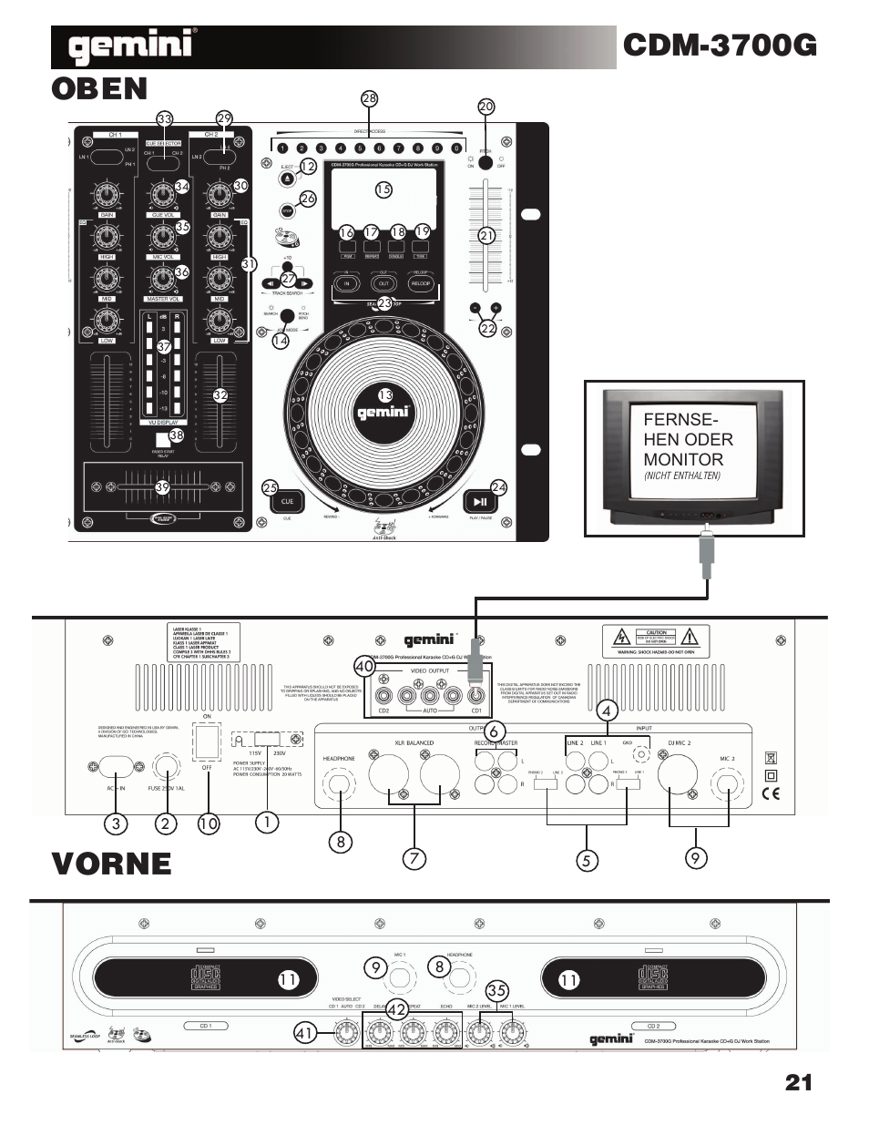 Oben vorne, Cdm-3700g | Gemini CDM-3700G User Manual | Page 21 / 27