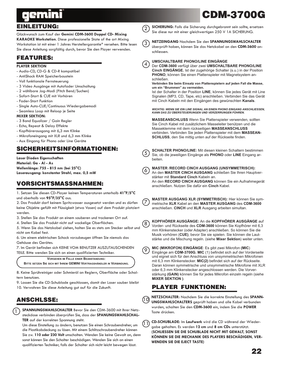 Cdm-3700g, Vorsichtsmassnahmen: anschlüsse, Player funktionen | Einleitung, Features: sicherheitsinformationen | Gemini CDM-3700G User Manual | Page 22 / 27