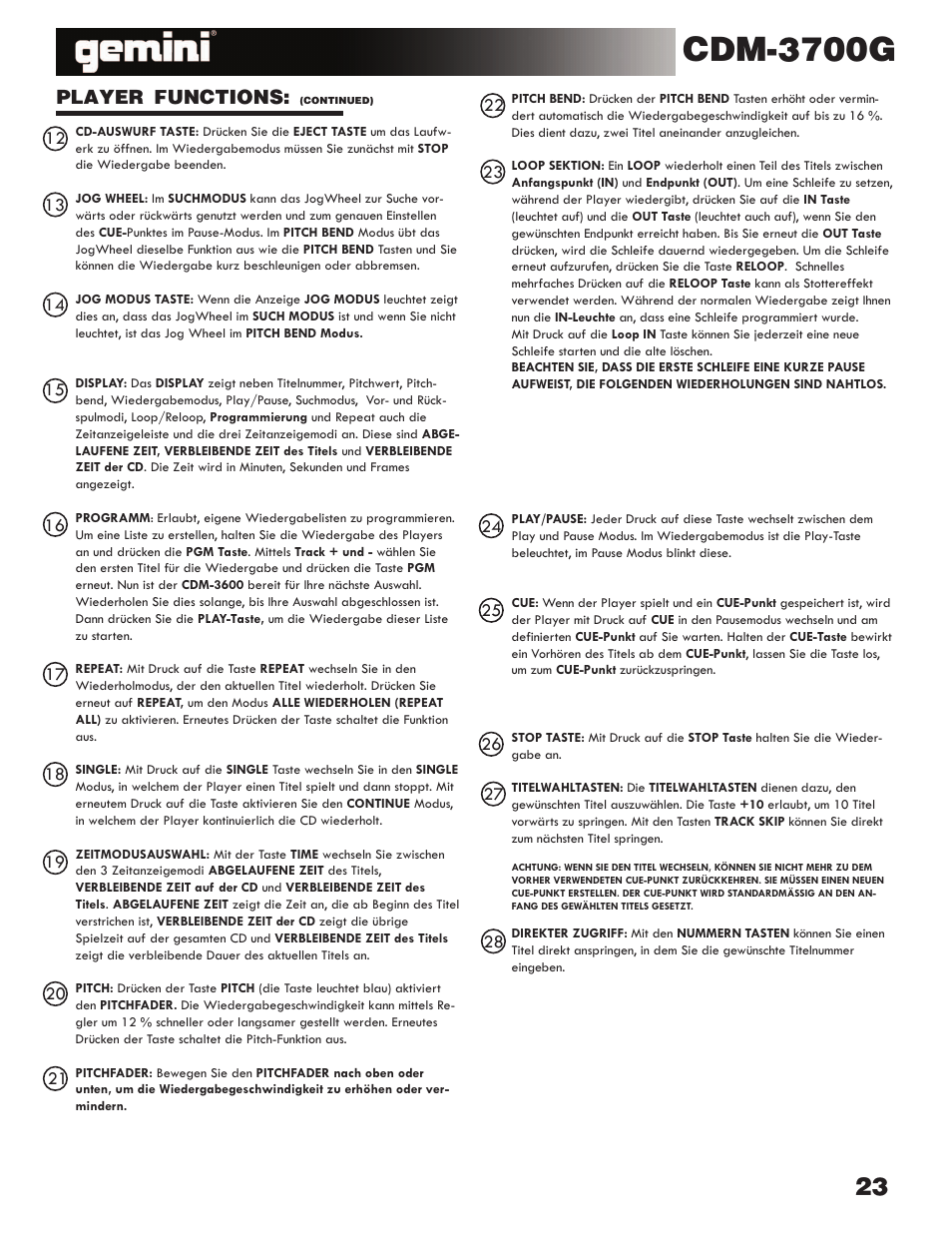 Cdm-3700g, Player functions | Gemini CDM-3700G User Manual | Page 23 / 27