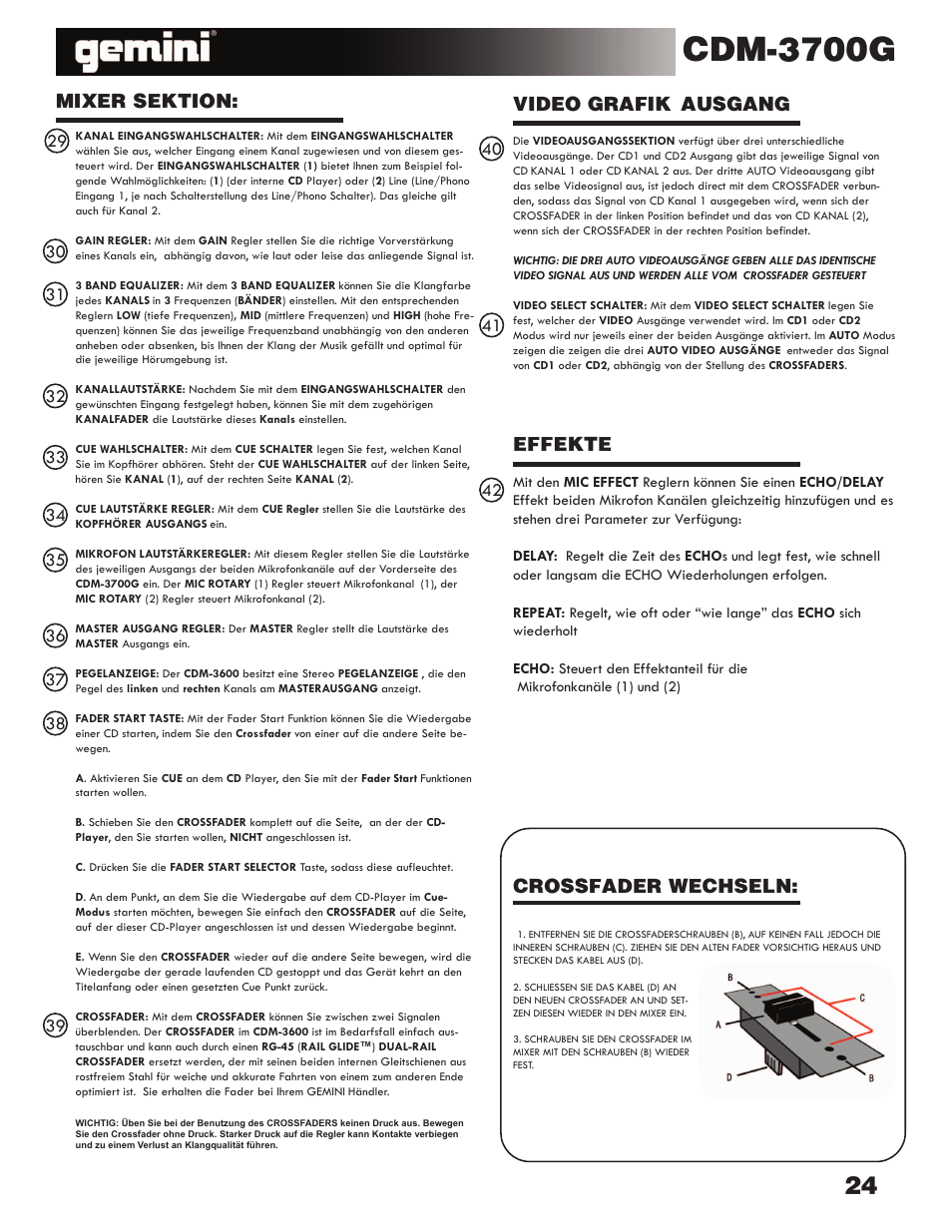 Cdm-3700g, Mixer sektion, Crossfader wechseln | Effekte, Video grafik ausgang | Gemini CDM-3700G User Manual | Page 24 / 27