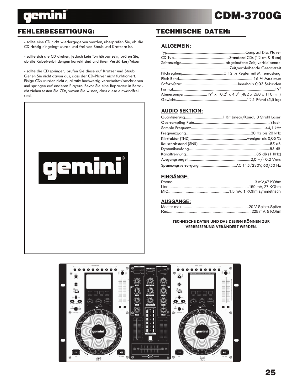 Cdm-3700g, Technische daten: fehlerbeseitigung | Gemini CDM-3700G User Manual | Page 25 / 27