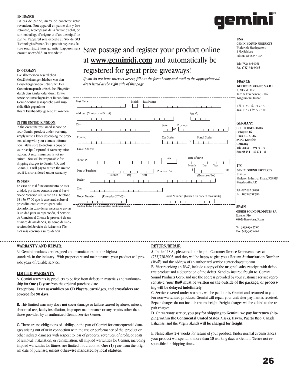 Gemini CDM-3700G User Manual | Page 26 / 27