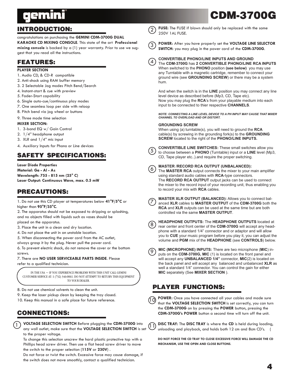 Cdm-3700g, Introduction, Player functions | Gemini CDM-3700G User Manual | Page 4 / 27