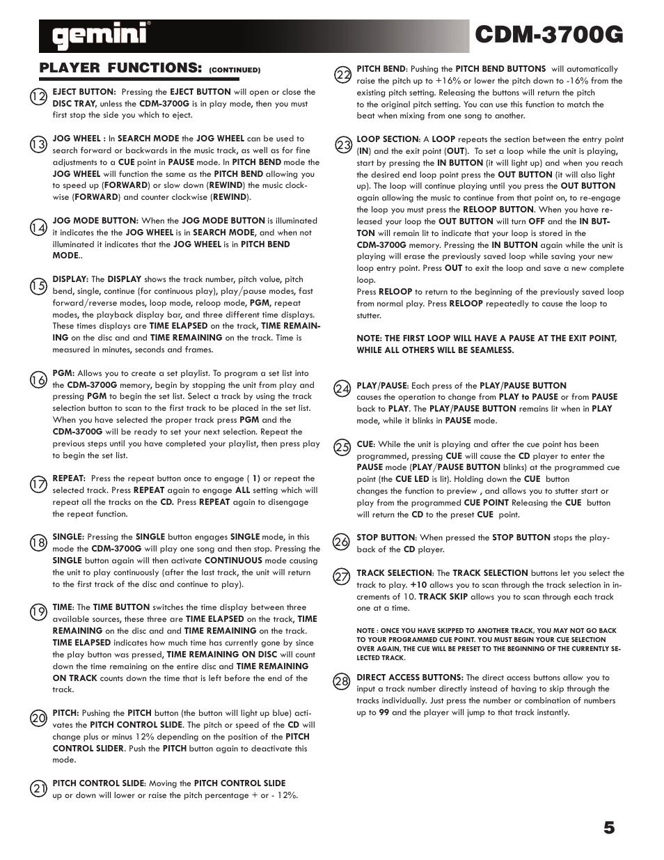 Cdm-3700g, Player functions | Gemini CDM-3700G User Manual | Page 5 / 27