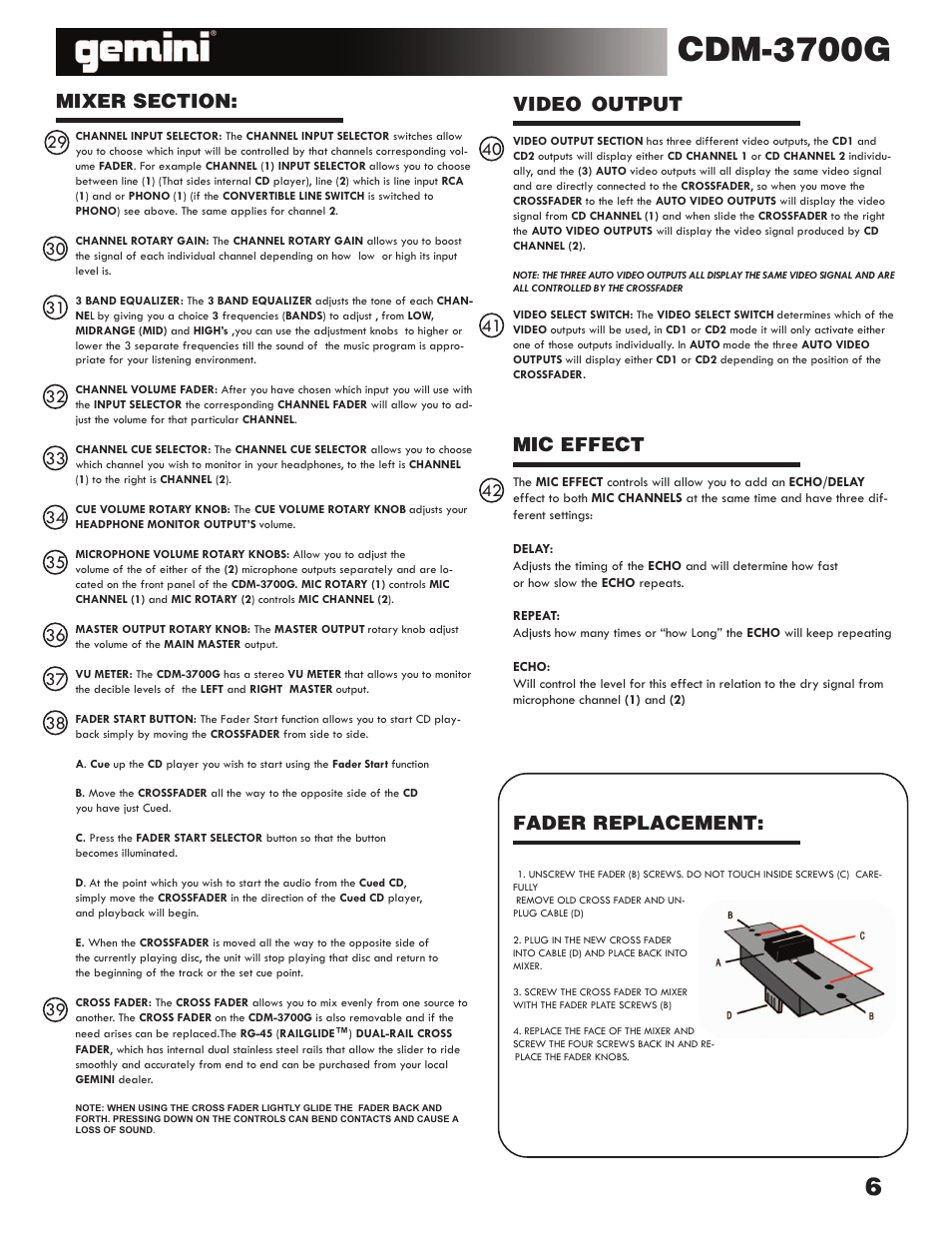 Cdm-3700g, Fader replacement: mic effect, Video output | Gemini CDM-3700G User Manual | Page 6 / 27