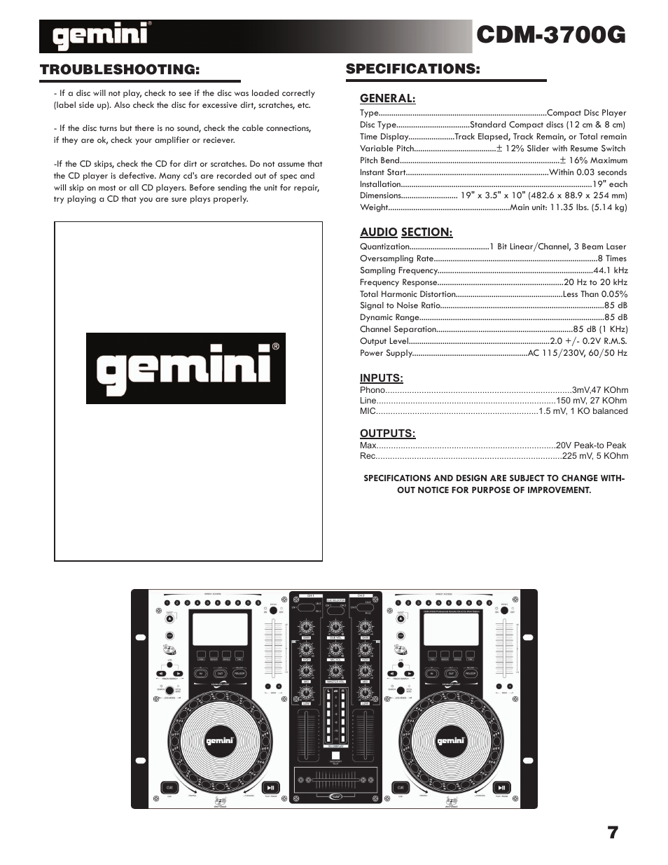 Cdm-3700g, Troubleshooting, Specifications | Gemini CDM-3700G User Manual | Page 7 / 27