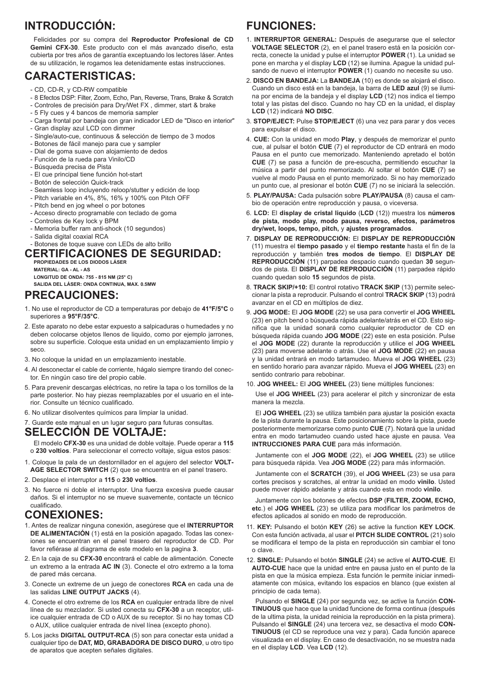 Introducción, Caracteristicas, Certificaciones de seguridad | Precauciones, Selección de voltaje, Conexiones, Funciones | Gemini CFX-30 User Manual | Page 10 / 16