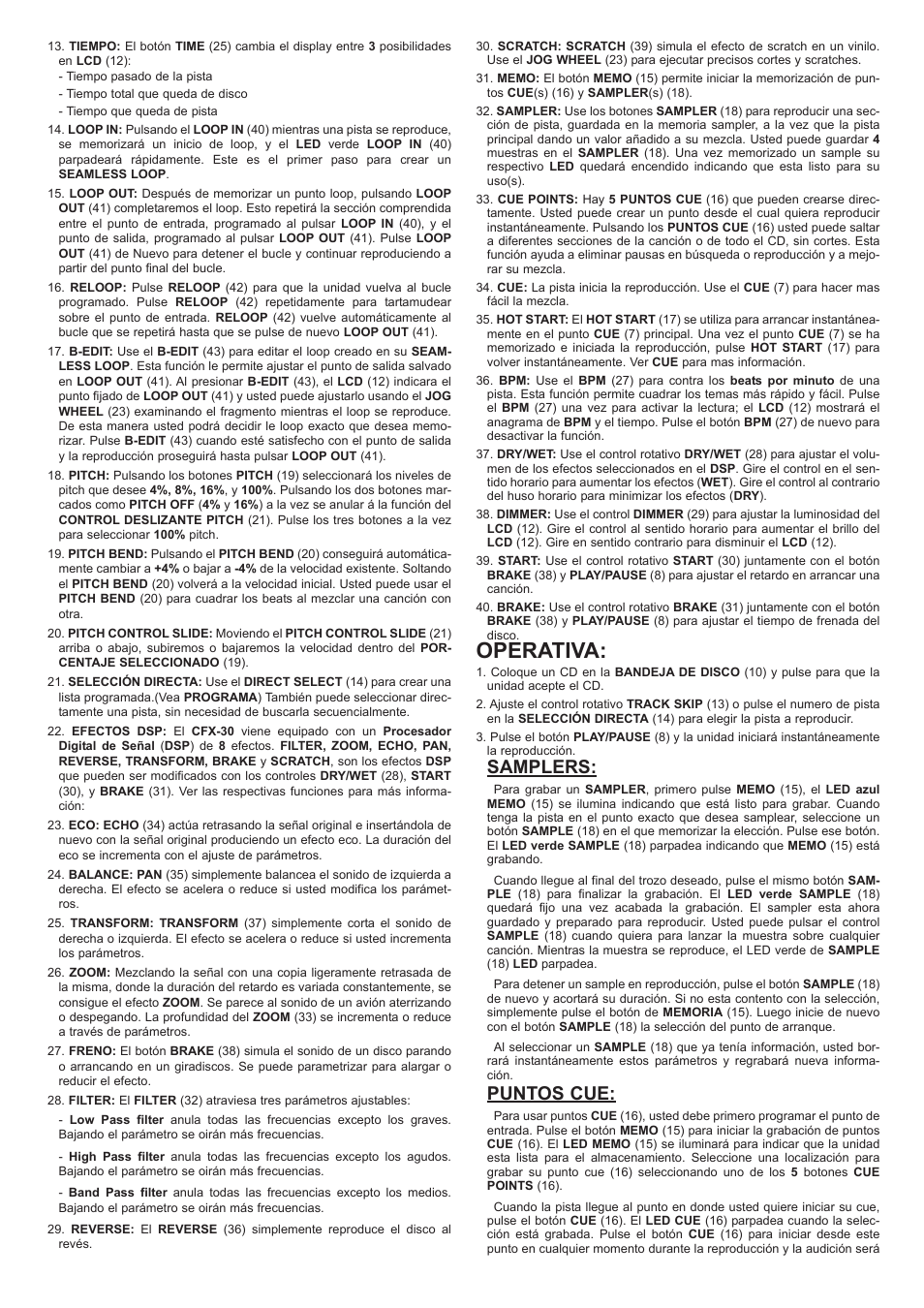 Operativa, Samplers, Puntos cue | Gemini CFX-30 User Manual | Page 11 / 16