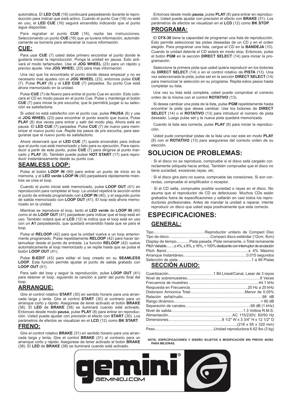 Solucion de problemas, Especificaciones, Seamless loop | Arranque, Freno, Programa, General, Sección audio | Gemini CFX-30 User Manual | Page 12 / 16
